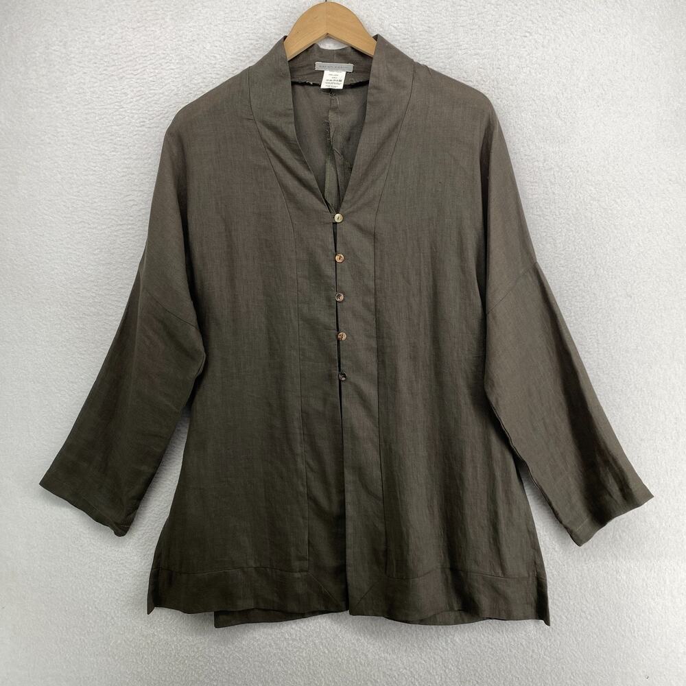 SARAH PACINI Top 3 Linen Tunic Button Front Long Sleeve Lagenlook Gray Italy
